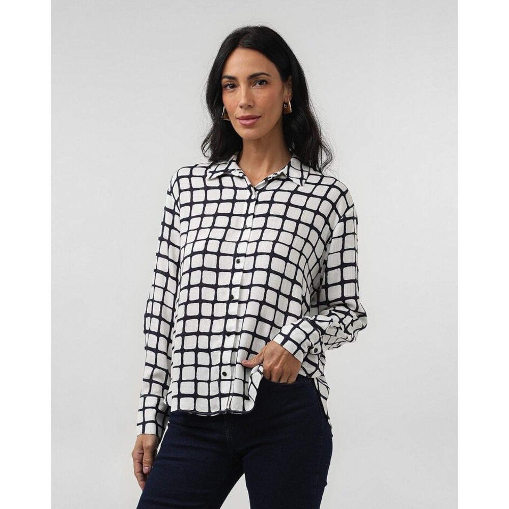 LOFT Womens Black White Grid Print Long Sleeve Button Up Shirt Top Size‎ S